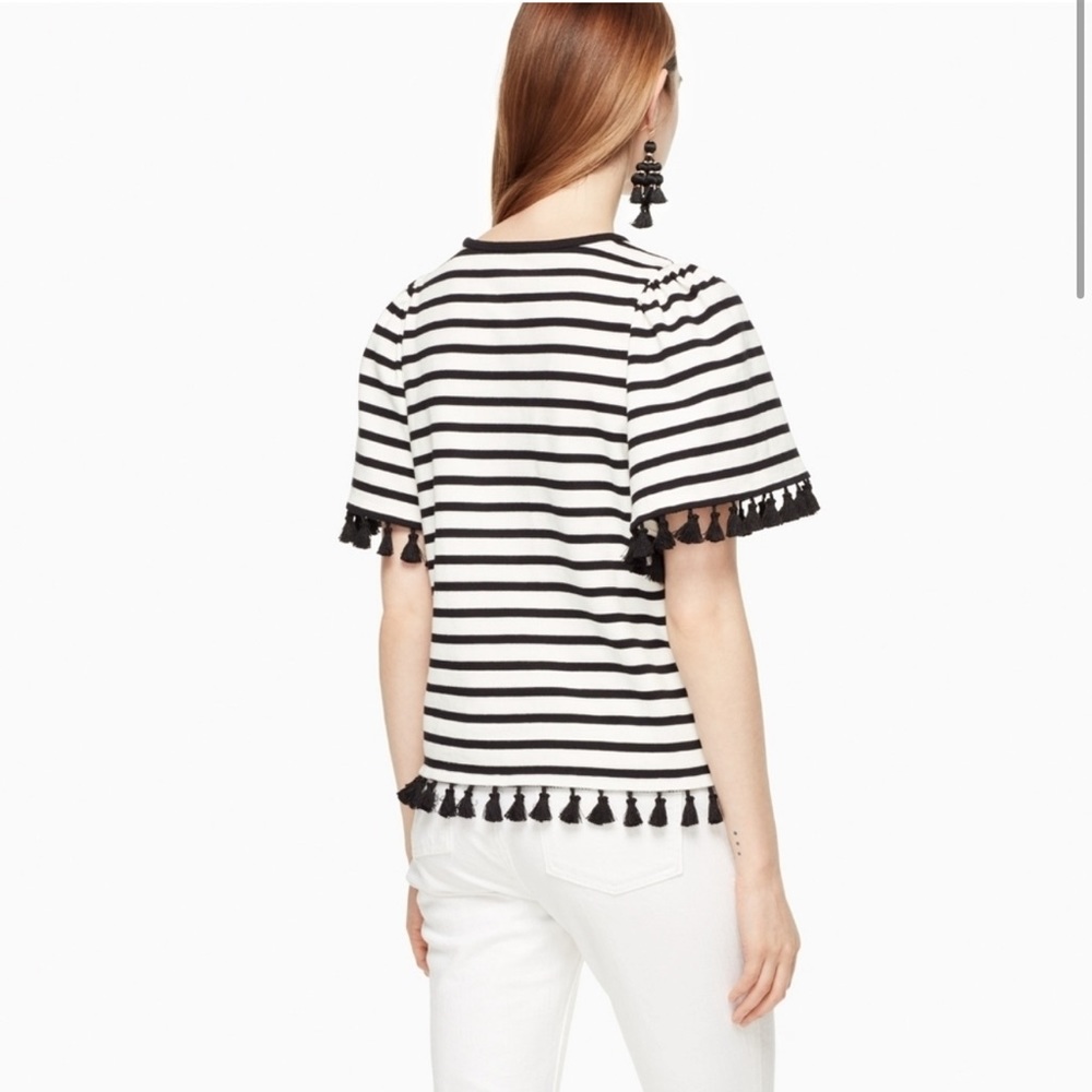 Kate Spade Black and Off White Stripe Flutter Sleeve Tassel Top - Picture 2 of 9
